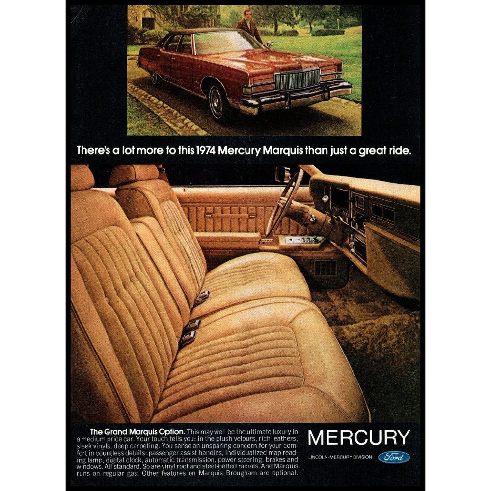 1974 Mercury Marquis Sedan Vintage Print Ad 70s Fashion Turtleneck Wall Art